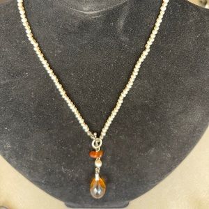 Pearl necklace with Amber drop and matching earrings